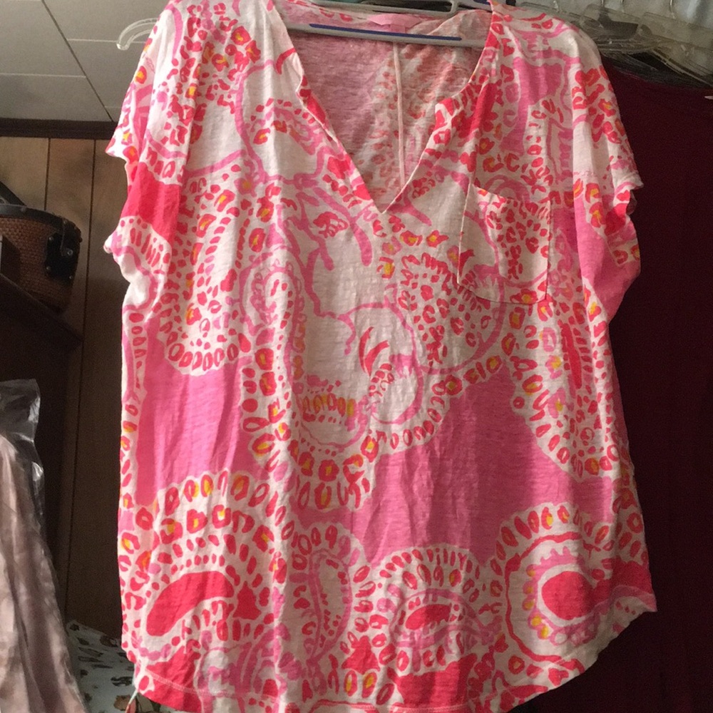 Lilly Pulitzer XL V neck top pink white yellow